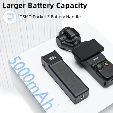 High Capacity Battery Handle For Osmo Pocket 3 And 4 On The Go 5000mAh Power Grip With Mini Tripod shown next to Osmo device