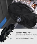 1/3 HP Washing Machine Motor Pulley And Nut Kit showing a black drive pulley and nut for heavy duty replacement installation.