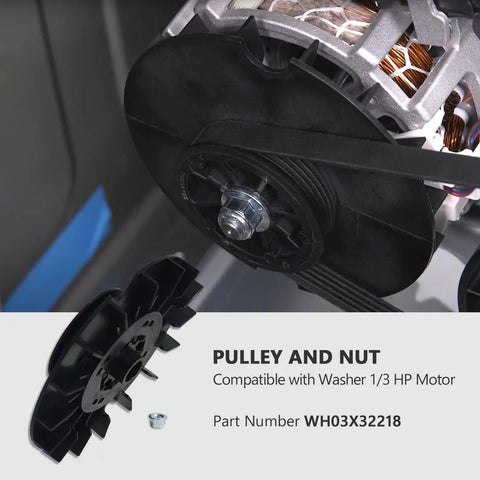 1/3 HP Washing Machine Motor Pulley And Nut Kit showing a black drive pulley and nut for heavy duty replacement installation.