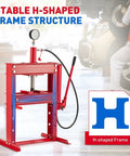 Ten Ton Rock Solid H Frame Hydraulic Shop Press With Quick Swap Plates For Bearing Swapping And Metal Bending featuring stable H-shaped frame for durability.