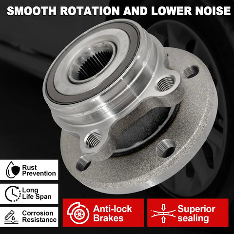 Front view of Audi Front Wheel Bearing Hub Assembly For A3 Q3 TT Golf GTI Jetta Passat Beetle CC EOS Rabbit Tiguan 06 22 5 Lug With ABS FWD AWD Top Notch Replacement with features like smooth rotation and anti-lock brakes.