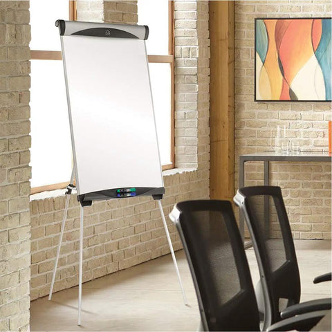 All In One Magnetic Dry Erase Presentation Easel With Tripod Stand, 27 x 39 Inches, in meeting room with chairs visible