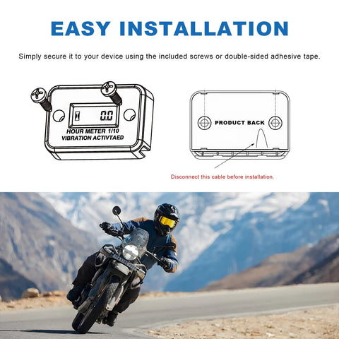 Vibration Activated Hour Meter for Motorcycles, Generators, and Compressors, Waterproof Digital LCD Time Counter with Maintenance Reminder, Tiny Durable Gauge for Service Intervals and Wear Tracking; ABS mount and motorcycle use
