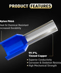 Cutaway view of 2000 PCS Wire Ferrule Kit With AWG 22 To 10 Premium Wire End Terminals And Connectors, highlighting nylon PA66 and tinned copper features.