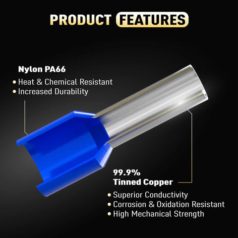 Cutaway view of 2000 PCS Wire Ferrule Kit With AWG 22 To 10 Premium Wire End Terminals And Connectors, highlighting nylon PA66 and tinned copper features.