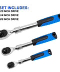 Extendable Ratchet Socket Set With Quick Release And Reversible Gear Three Drive Sizes One Quarter Inch, Three Eighths Inch, And One Half Inch Heavy Duty Wrench Kit For Mechanics shown.