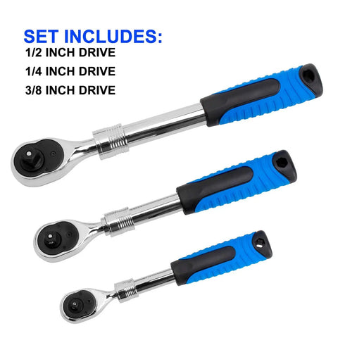 Extendable Ratchet Socket Set With Quick Release And Reversible Gear Three Drive Sizes One Quarter Inch, Three Eighths Inch, And One Half Inch Heavy Duty Wrench Kit For Mechanics shown.