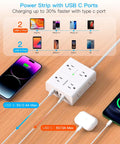 15 Foot Extension Cord With Flat Plug Surge Protector Power Strip Featuring Eight Widely Spaced Outlets And Four Fast Usb Charging Ports with two USB A and two USB C ports.