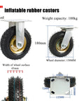 6" inflatable rubber casters with galvanized brackets, 100kg capacity, 150mm diameter, ideal for carts and heavy-duty use.