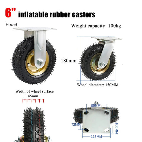 6" inflatable rubber casters with galvanized brackets, 100kg capacity, 150mm diameter, ideal for carts and heavy-duty use.