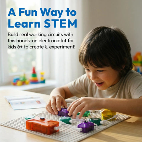 Hands On STEM Electronics Kit For Kids With Snap Together Circuits And Building Blocks That Make Electricity Fun For Ages Six And Up Beginner Friendly Science Toy; child building circuit board