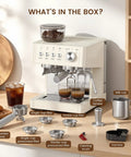Top Shelf Espresso Machine With Built In Burr Grinder And 20 Bar Pump For Killer Coffee Shots And Includes Precision Milk Frother Steam Wand And Tamping Kit For Smooth Lattes Every Single Day with coffee tamper and accessories.