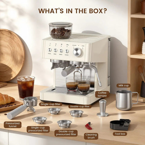 Top Shelf Espresso Machine With Built In Burr Grinder And 20 Bar Pump For Killer Coffee Shots And Includes Precision Milk Frother Steam Wand And Tamping Kit For Smooth Lattes Every Single Day with coffee tamper and accessories.