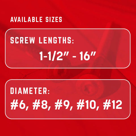 Available sizes for Heavy Duty 5/16 X 3 1/8 Inch Rugged Structural Screws In Matte Black and their lengths and diameters.