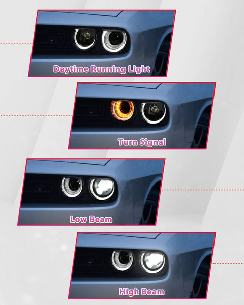 LED Headlights For Dodge Challenger 2008 2014 Full Projector Headlamps with Halo DRL showing lights functions in sequence
