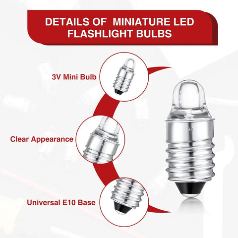 10 Pack E10 LED Bulbs For 3V Miniature Flashlights Replacement Bulbs Mini Lamps Cool White Light Durable Glass And Metal Construction