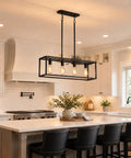 Black 4 Light Dope Industrial Vintage Chandelier With Open Rectangular Cage Frame In Matte Finish over kitchen island