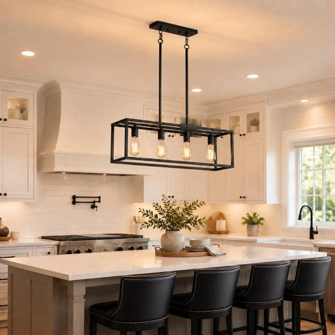 Black 4 Light Dope Industrial Vintage Chandelier With Open Rectangular Cage Frame In Matte Finish over kitchen island