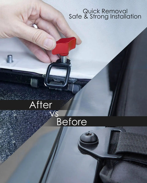 Kickass Aluminum Thumb Screws And Heavy Duty Hex Nuts Kit For Hassle Free Quick Swap Jeep Hardtop Fastener Hardware Replacement Assembly Set Bright Red Finish Fits Jk Jku Tj Yj, shown in use for quick installation.