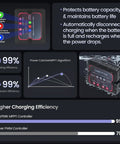 Rugged 25W Monocrystalline Solar Panel Kit With Smart MPPT Controller efficiency chart and features overview.