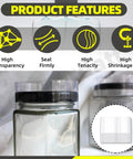Image showing product features of 1250 Pcs Clear PVC Heat Shrink Bands; highlighting high transparency, tenacity, and seals firmly.