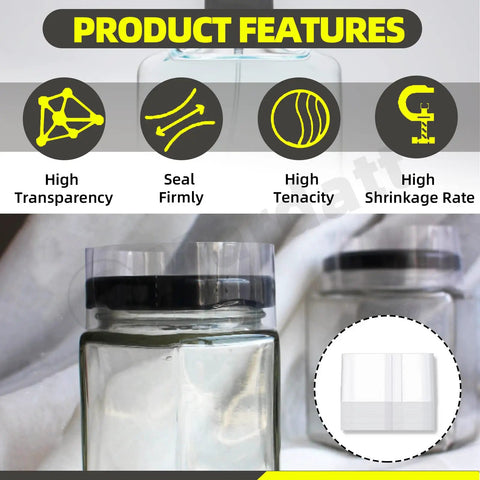 Image showing product features of 1250 Pcs Clear PVC Heat Shrink Bands; highlighting high transparency, tenacity, and seals firmly.