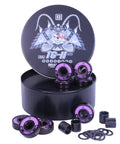 Front view of BRAVORD TG11PRO skateboard bearings: eight purple ABEC-11 bearings with washers and spacers in a black tin.