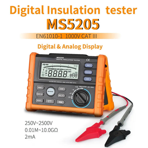 Digital Insulation Tester Multimeter MS5205 with orange casing and backlit display, showing digital and analog readings.