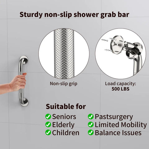 2 Pack 12 Inch No Slip Shower Grab Bar Handle Chrome Stainless Steel Knurled Safe Install Concealed Mount Safety Hand Rail Support for Handicap Elderly Senior Bath showing non-slip grip and load capacity details
