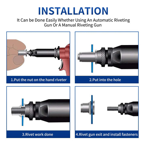 Installation steps for 880 Piece Rivet Nut Kit With 6-32 8-32 10-24 1/4-20 5/16-18 3/8-16 1/2-13 Carbon Steel Yellow Zinc plated.