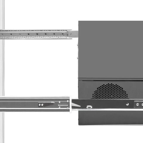 No-Fuss Tool-Less Ball Bearing Sliding Rail Kit for Rackmount Chassis, showing installed rails and server chassis