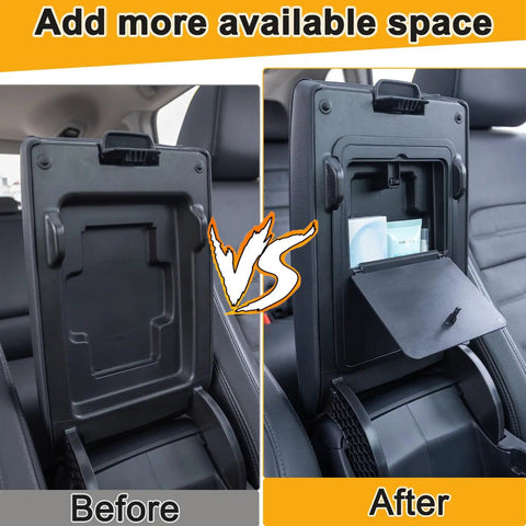 Comparison of Honda CR-V 3-Piece Center Console Organizer Set with hidden storage box, showing before and after installation.