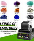 Brushless Rock Tumbler Kit With Massive 2.5Lb Capacity and gemstone samples including Rose Quartz and Amethyst in display.
