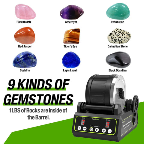 Brushless Rock Tumbler Kit With Massive 2.5Lb Capacity and gemstone samples including Rose Quartz and Amethyst in display.