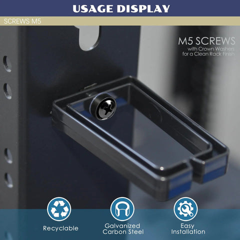 Top Tier M5 Rack Screws 50 Piece Set With Smooth Zinc Finish and Every Cage Nut Crown Washers Plus Plastic Pad installed in a network rack