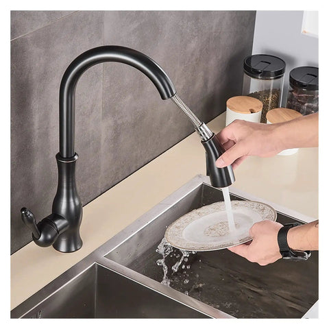 GAZOGJ Black Kitchen Faucet Pull Down Sink Mixer Tap 360°Rotation Single Lever Water Crane Durable Chrome Finish in use.