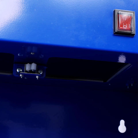 Close-up of Rugged Bench Parts Cleaner With 14L Tank Capacity And 120V High Flow Pump control switch and blue cabinet surface.
