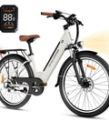 Adult Electric Bike For Daily City Hops, 26 Inch Step-Through Ebike With 350W Brushless Motor, 750W Peak Power, Top Speed Up To 20 MPH, 30-50 Mile Range, Removable Waterproof Battery, Smooth And Easy Ride, white frame with rear rack and display