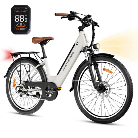 Adult Electric Bike For Daily City Hops, 26 Inch Step-Through Ebike With 350W Brushless Motor, 750W Peak Power, Top Speed Up To 20 MPH, 30-50 Mile Range, Removable Waterproof Battery, Smooth And Easy Ride, white frame with rear rack and display