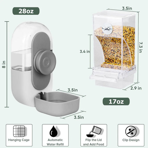 No Drama Spill Proof Bird Water Dispenser and Easy Fill Feeder Tray for Parrot Cages, 28oz water bowl and 17oz food container.