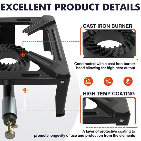 Heavy Duty Portable Propane Camping Stove With 65 Lb Support Single Burner Outdoor Gas Stove with cast iron burner details
