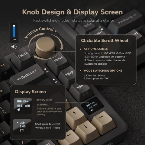 Wireless Mechanical Keyboard With Gasket Mount And Hot Swappable Pale Green Switches Offering Triple Mode Connectivity showing knob design and display screen options.