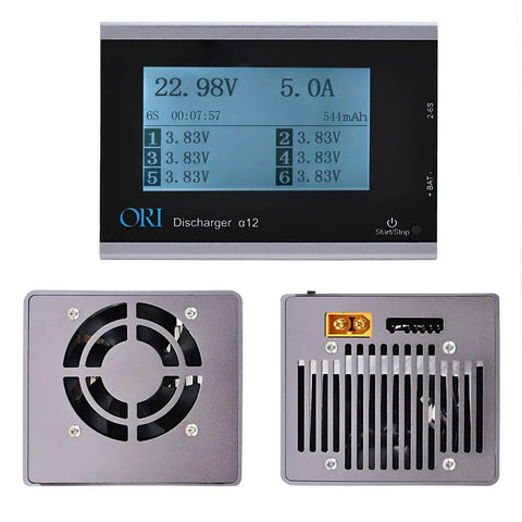 Smart LiPo Battery Discharger With One Tap Intelligent Balance, screen showing voltage 22.98V, fan for heat dissipation, XT60 interface
