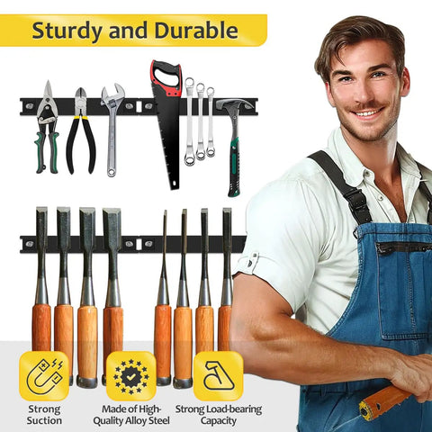 Man standing beside 8 Inch Magnetic Tool Strips 4 Pack Rubber Coated Wall Mounted Tool Organizer holding hand tools in garage