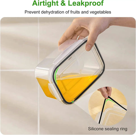 4 Pack Fridge Fruit Storage Containers With Removable Colanders, Airtight Food Saver, showing silicone sealing ring in use