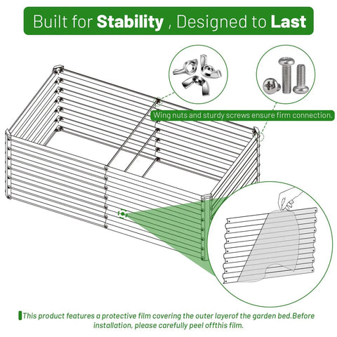 Illustration of Galvanized Raised Garden Bed 96 Inch Long 48 Inch Wide 24 Inch High Outdoor Metal Planter Box Kit with hardware details