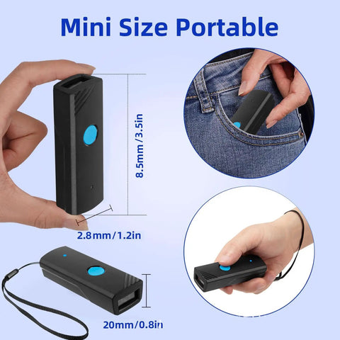 Versatile Wireless Barcode Scanner With USB And Bluetooth Modes for portable use, shown fitting in a pocket and hand, compact size display