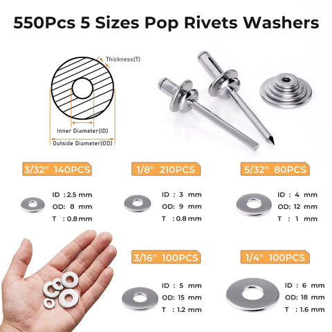 All In One 1200Pcs Pop Rivets And Trifold Rivets Kit With Washers For Auto DIY And Metalwork - 14 Standard Rivet Sizes Plus 1 Trifold Size Includes Washers For Strong Secure Fastening. Stainless steel washers and pop rivets in 5 sizes, 3/32 to 1/4, with dimensions