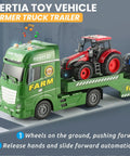 Inertia toy vehicle farmer truck trailer with red tractor, part of the Three In One Farm Truck Set For Kids Featuring Semi Tractor.