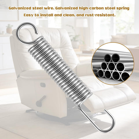 Rock Solid Heavy Duty Stainless Steel Recliner Springs For Long Neck Chairs 4 Pack showing galvanized steel spring with hooks.